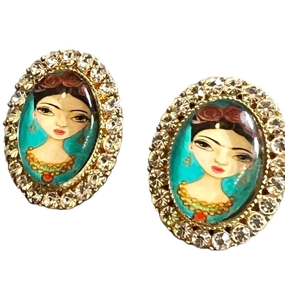 Frida Crystal Rhinestone Oval Post Earrings - Picture 2 of 5